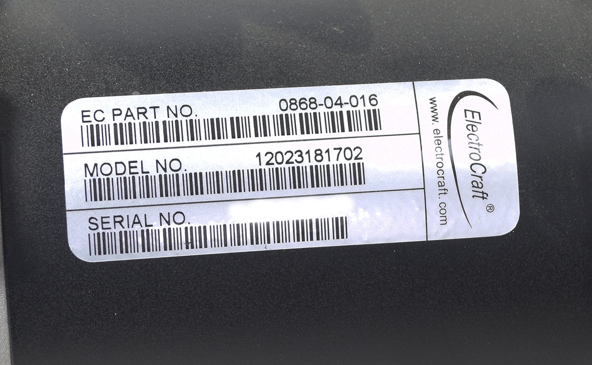 5 MPH I-Song ElectroCraft Motor and Gearbox Assembly for the Quantum Q6 Edge, showing a close-up of a barcode on a white label, indicating its detailed specifications and authenticity.