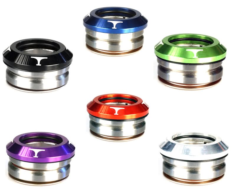 Titen Headset for Kick Scooters displayed with precision metal components, including sealed headset bearings, aluminum C-ring, and washers.