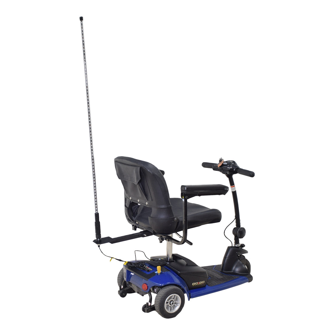48 Multicolor LED Whip Light & Utility Cart Hitch Extender Kit for Mobility Scooters featuring a blue and black scooter with a long pole, a seat, and handlebars.