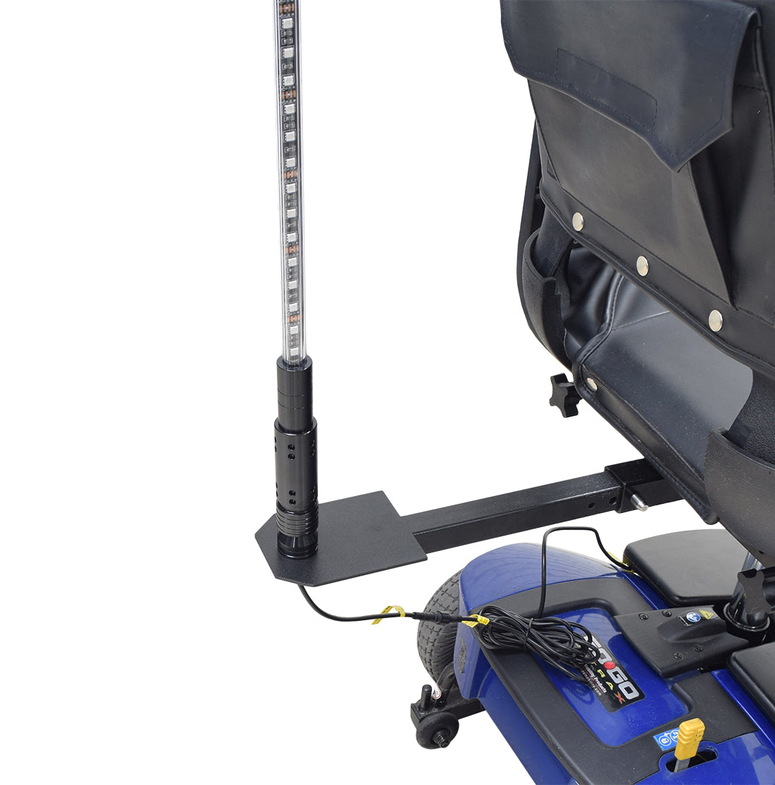 48 Multicolor LED Whip Light & Utility Cart Hitch Extender Kit for Mobility Scooters showing a black pole light fixture attached to a utility cart hitch extender with multiple adjustment holes and quick-release pins.