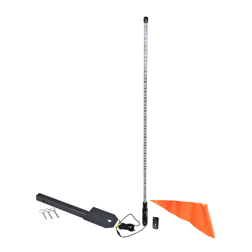 48 Multicolor LED Whip Light & Utility Cart Hitch Extender Kit for Mobility Scooters featuring a vibrant pole light with an orange flag and a black metal hitch extender with a mounting platform.