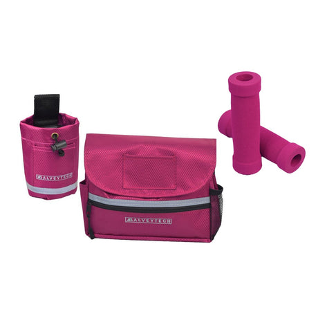 Saddle Bag, Cup Holder, & Grips Combination Set for Mobility Scooters, Power Chairs, & Wheelchairs. Features durable nylon saddle bag with multiple pockets, a secure cup holder, and handlebar grips.
