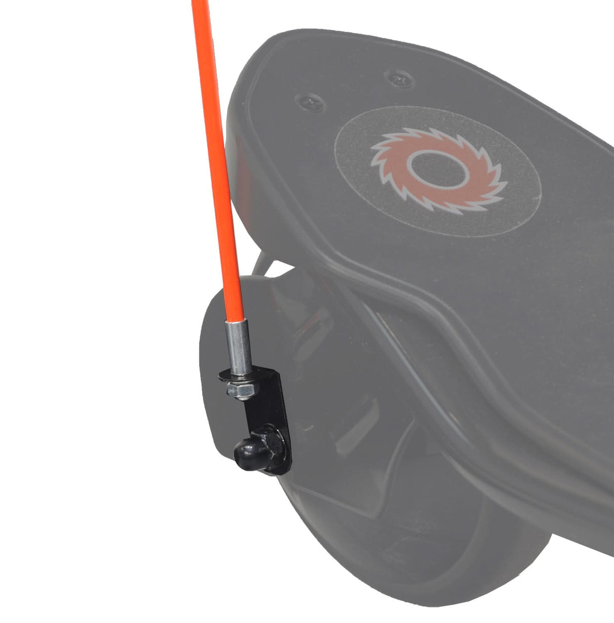Multicolor Sail Flag for Bikes & Scooters featuring a black wheel with a red pole, circular logo, and metal rod. Enhance visibility and style with this high-quality, customizable bike accessory.