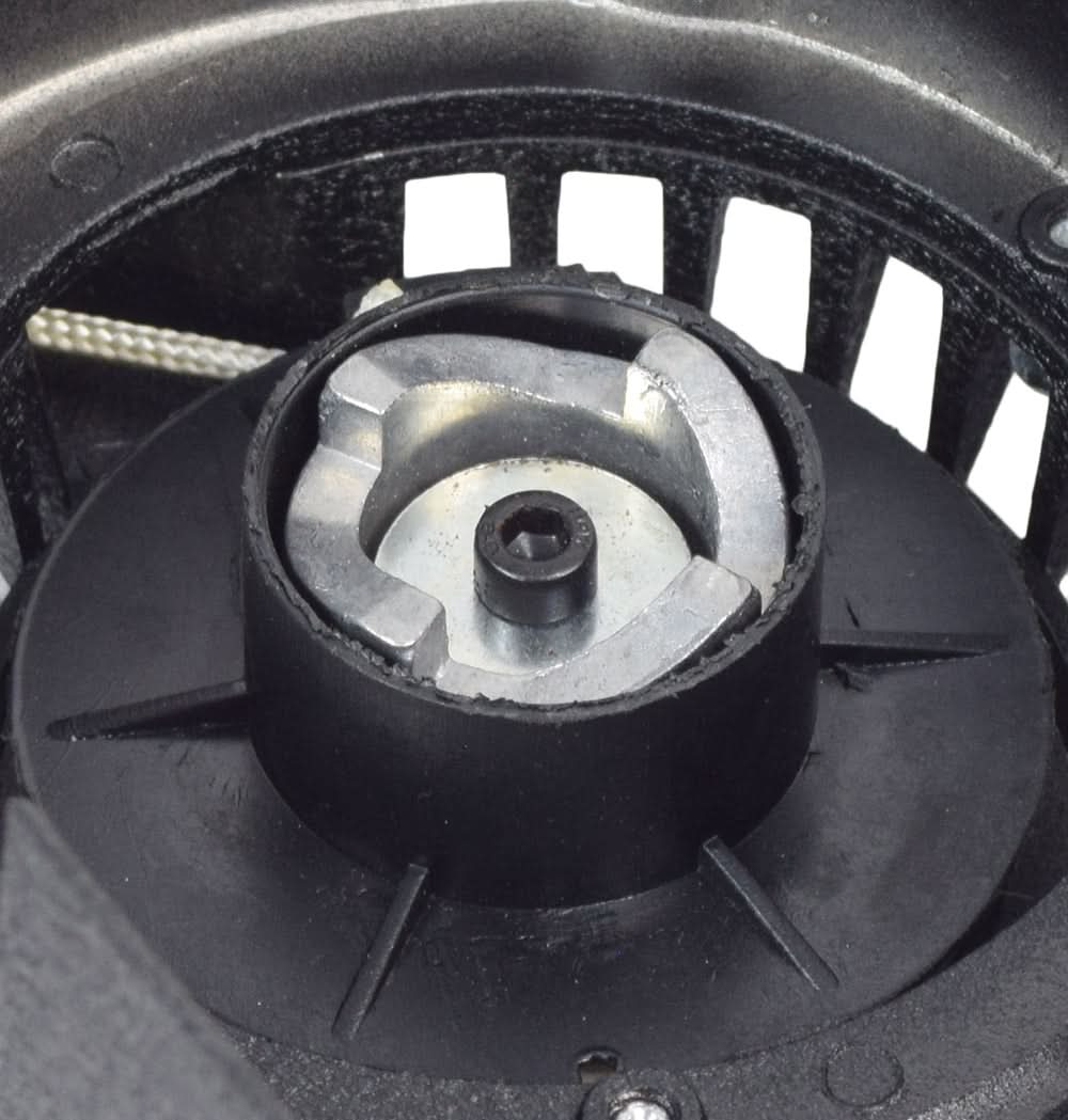 Pull Start for 47cc & 49cc ATVs, Dirt Bikes, & Pocket Bikes, featuring a close-up view of a durable metal mechanism with a hexagonal black nut and circular components.