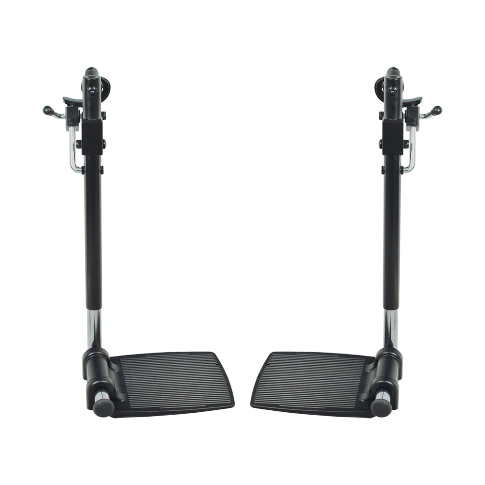 Elevating Leg Rest Style 12 with 8-1/2x6 Footplate for Jazzy and Jet Power Chairs, featuring a pair of foot pedals mounted on a black and silver stand, compatible with multiple models.