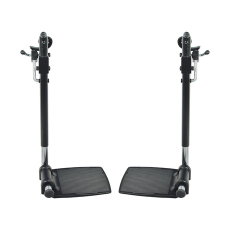 Elevating Leg Rest Style 12 with 8-1/2x6 Footplate for Jazzy and Jet Power Chairs, featuring a pair of foot pedals mounted on a black and silver stand, compatible with multiple models.