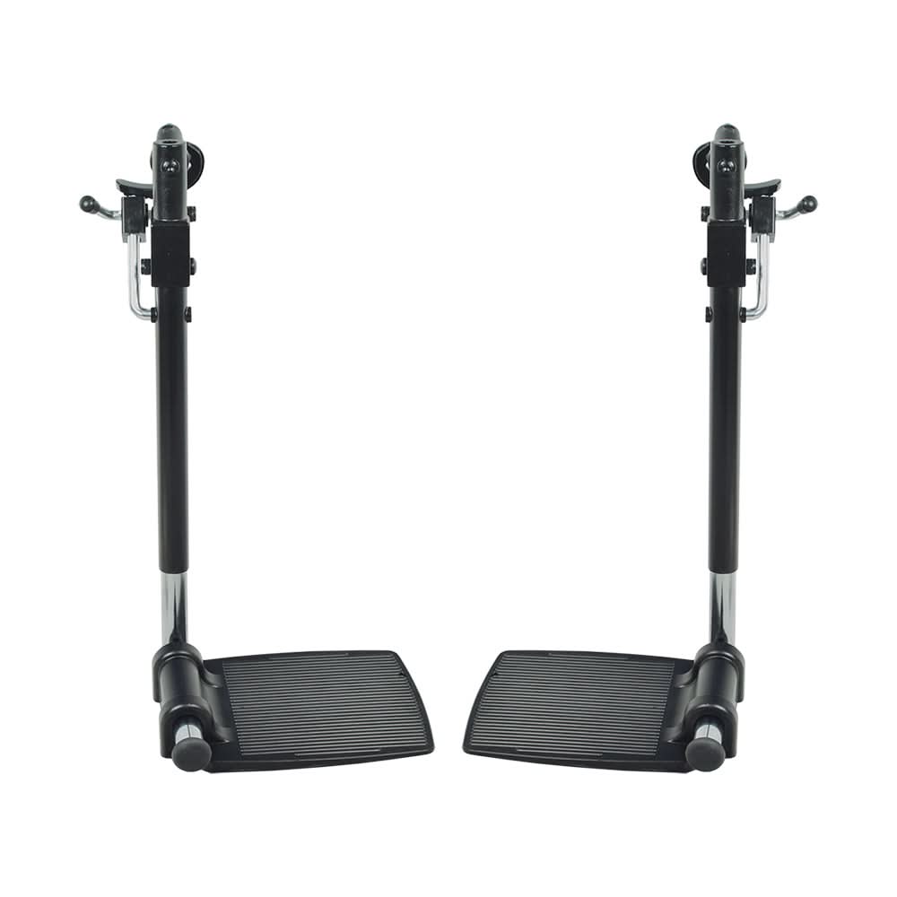 Elevating Leg Rest Style 12 with 8-1/2x6 Footplate for Jazzy and Jet Power Chairs, featuring a pair of foot pedals mounted on a black and silver stand, compatible with multiple models.