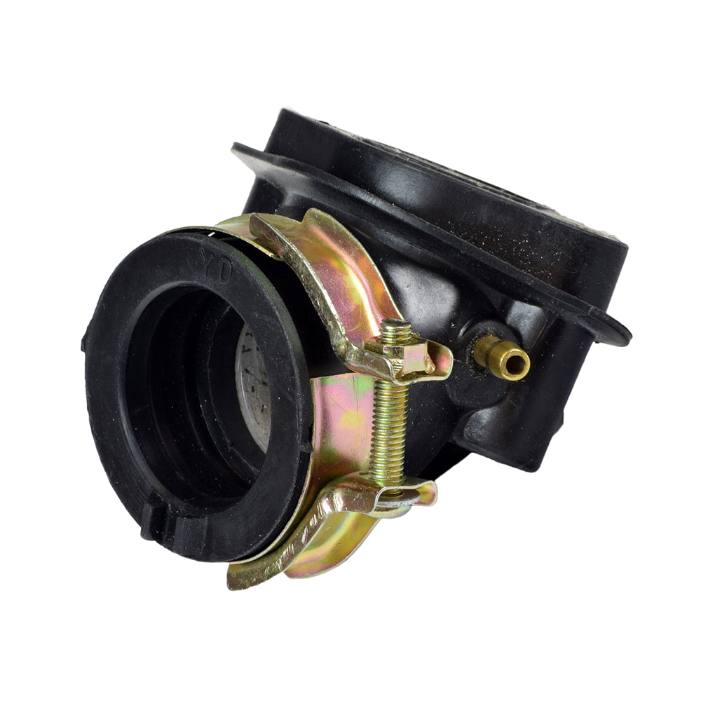 30 mm Intake Manifold with Single Vacuum Fitting for 150cc Hammerhead Off-Road® Go-Karts, a metal object featuring a bolt and screw, connects the carburetor to the cylinder head.