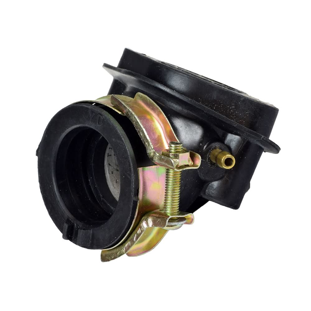 30 mm Intake Manifold with Single Vacuum Fitting for 150cc Hammerhead Off-Road® Go-Karts, a metal object featuring a bolt and screw, connects the carburetor to the cylinder head.