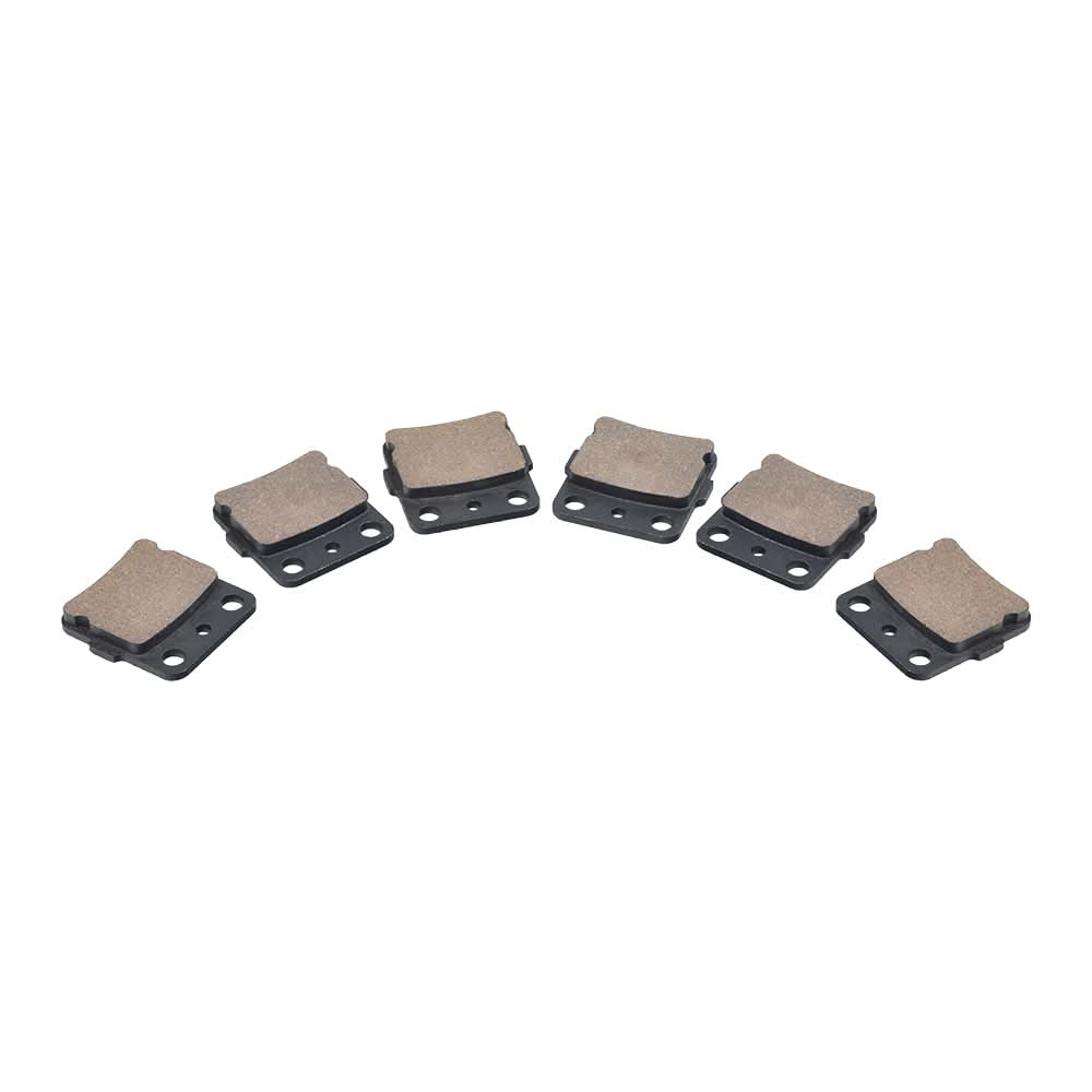 Front & Rear Semi-Metallic Brake Pad Set for the Honda Fourtrax TRX300 EX & TRX400 EX (Set of 6) displayed in a group, showing multiple close-ups of individual brake pads.
