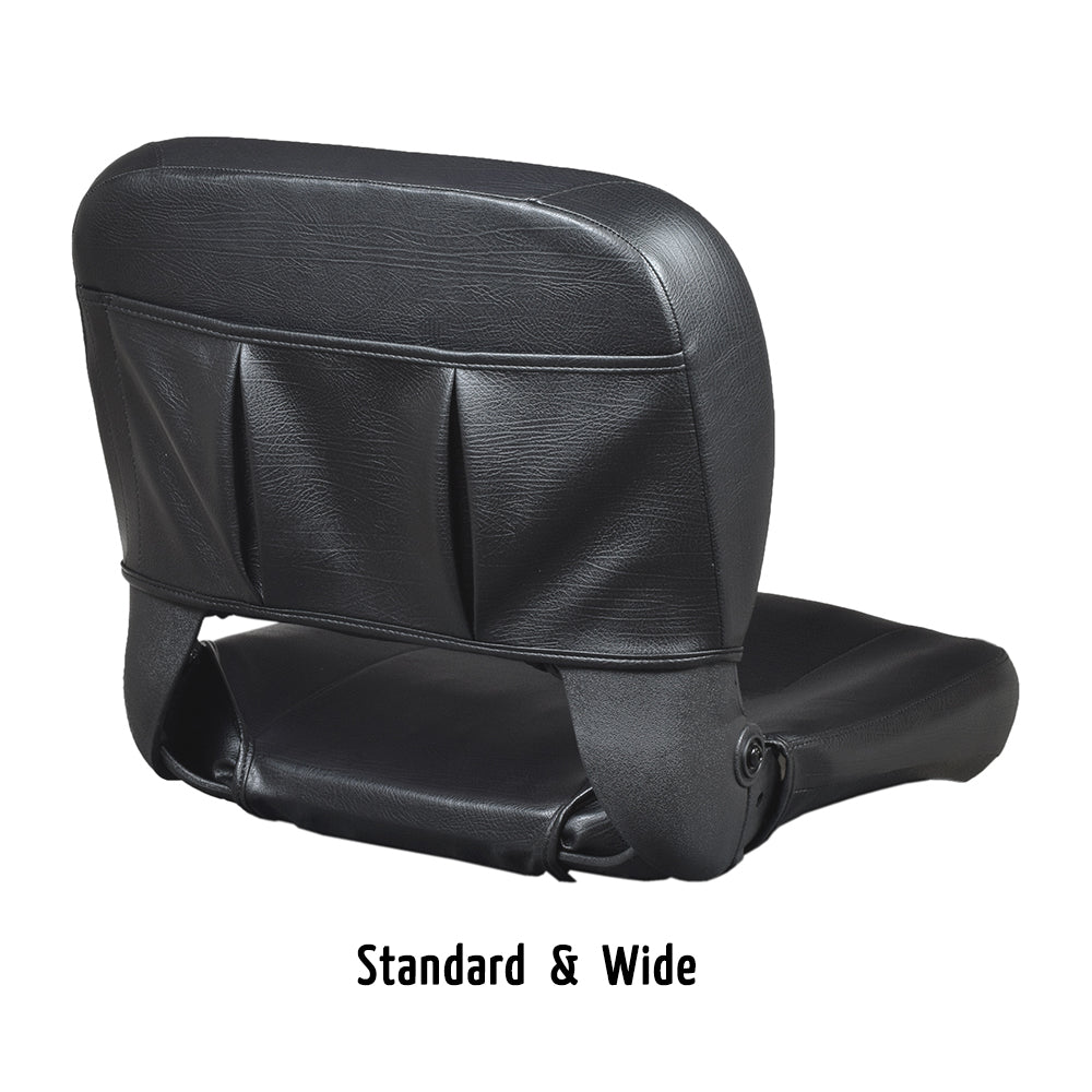 Universal Seat Assembly for the Golden Buzzaround XL (GB116) & LiteRider PTC (GP162), featuring a close-up of the black leather chair's textured upholstery and underside mounting holes.