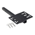 Universal Mobility Scooter Trunk Mounting Bracket (Rear Hitch Mount) showing a black metal object with three adjustment holes, a welded steel platform, and three included quick release pins.