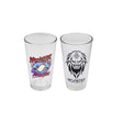 Monster Scooter Parts Pint Glass featuring two unique graphic designs, one with a face and another with a logo. Ideal for holding 16 oz. of your favorite beverage.