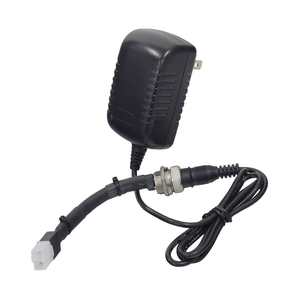 12 Volt Battery Charger with 2 Pin Wiring Harness Connector for Minimoto/Banzai Submersible, featuring a black power adapter with an attached cable and close-up of a 2-pin metal connector.