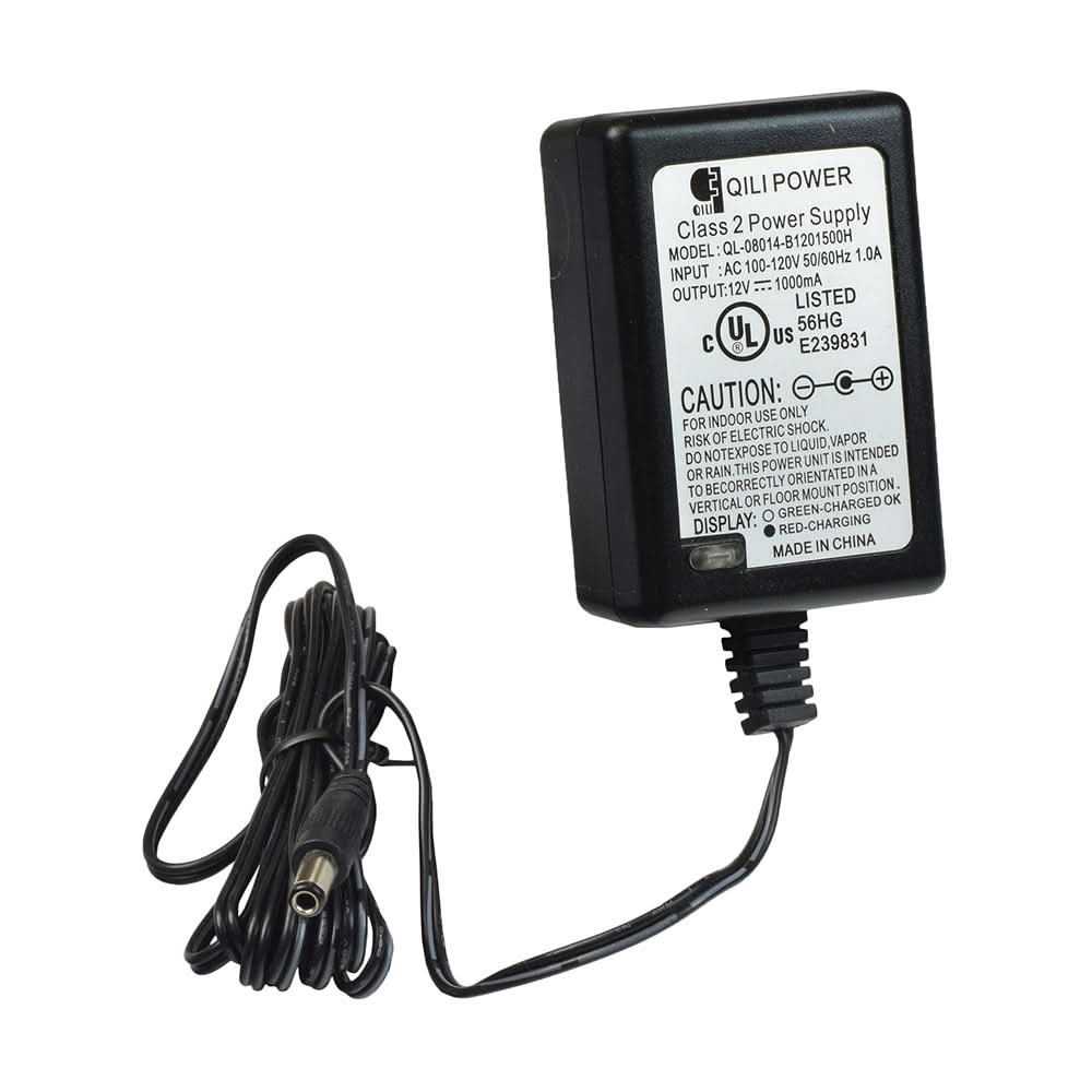 12 Volt 1.0 Amp 2.5mm ID Coaxial QL-08014-B1201500H Battery Charger featuring a black power supply with an attached cord and close-up view of the charging cable with LED indicator.