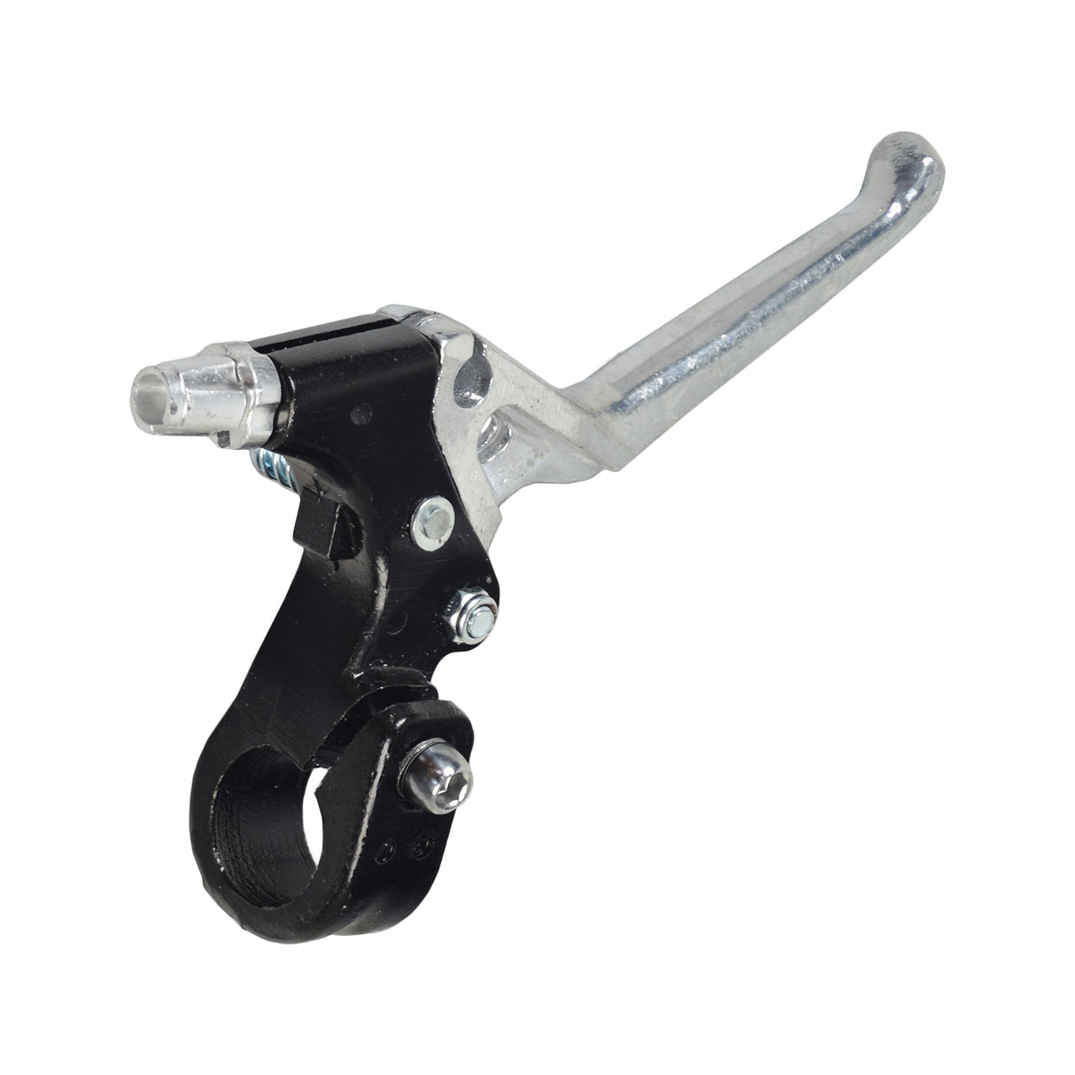 Clutch Lever for 48cc - 80cc 2-Stroke Bicycle Engine Kits, mounted on a bike's handlebar, featuring metal construction with visible screws and bolts, designed for engaging the clutch assembly.