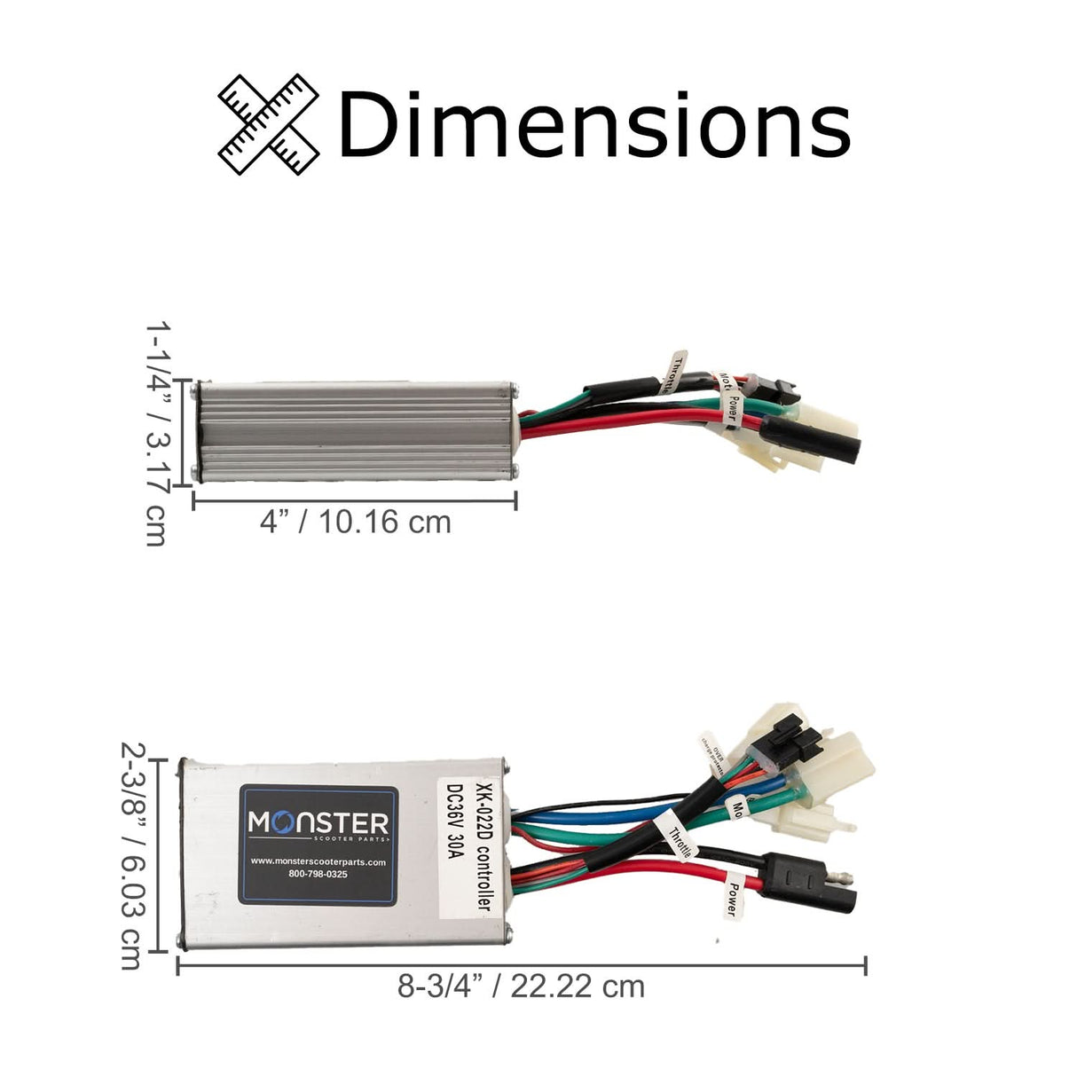 Currie 36 Volt 5-Pin 5-Connector Controller (1000 Series) with visible wires and connectors, designed for eZip, IZIP, GT, Mongoose, and Schwinn Scooters. Features include diagnostic voltage control and waterproof casing.