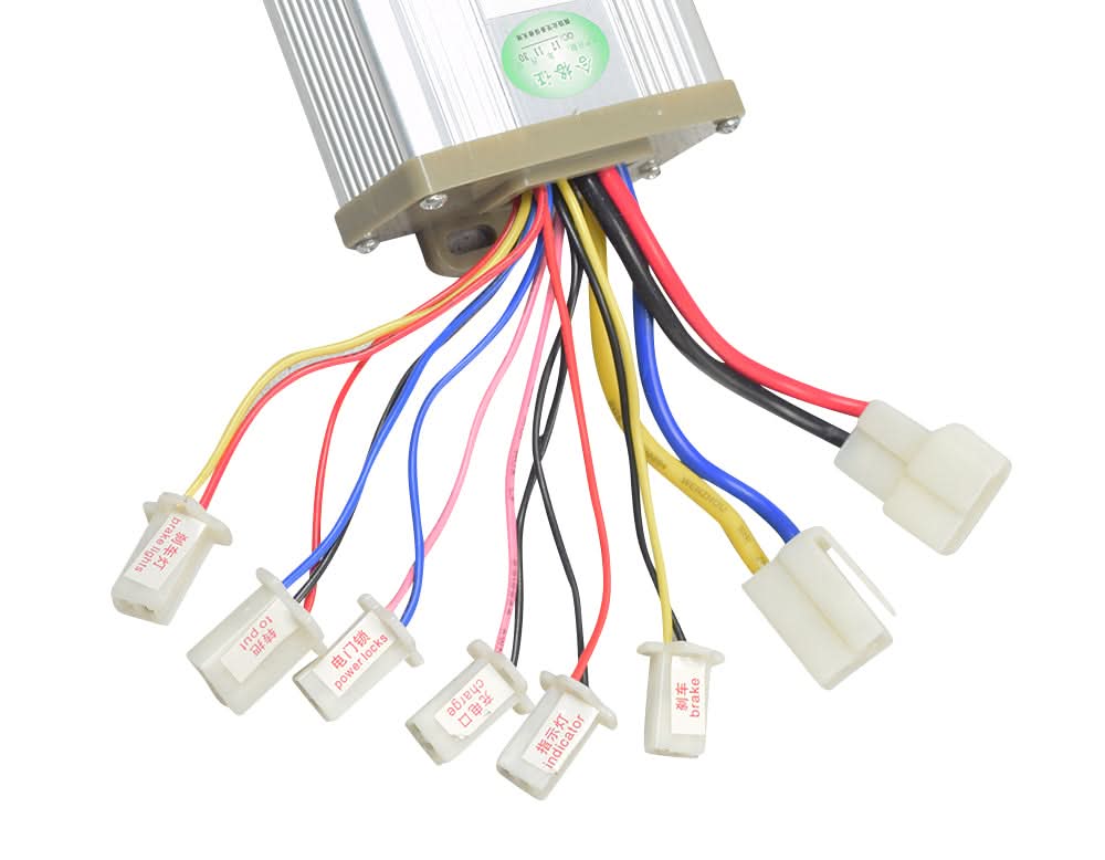 48 Volt 1200 Watt Universal Speed & Voltage Controller for Scooters, Bikes, & Go-Karts, showing close-up of various colored wires and connectors for motor, battery, indicator, power locks, charge, and brakes.