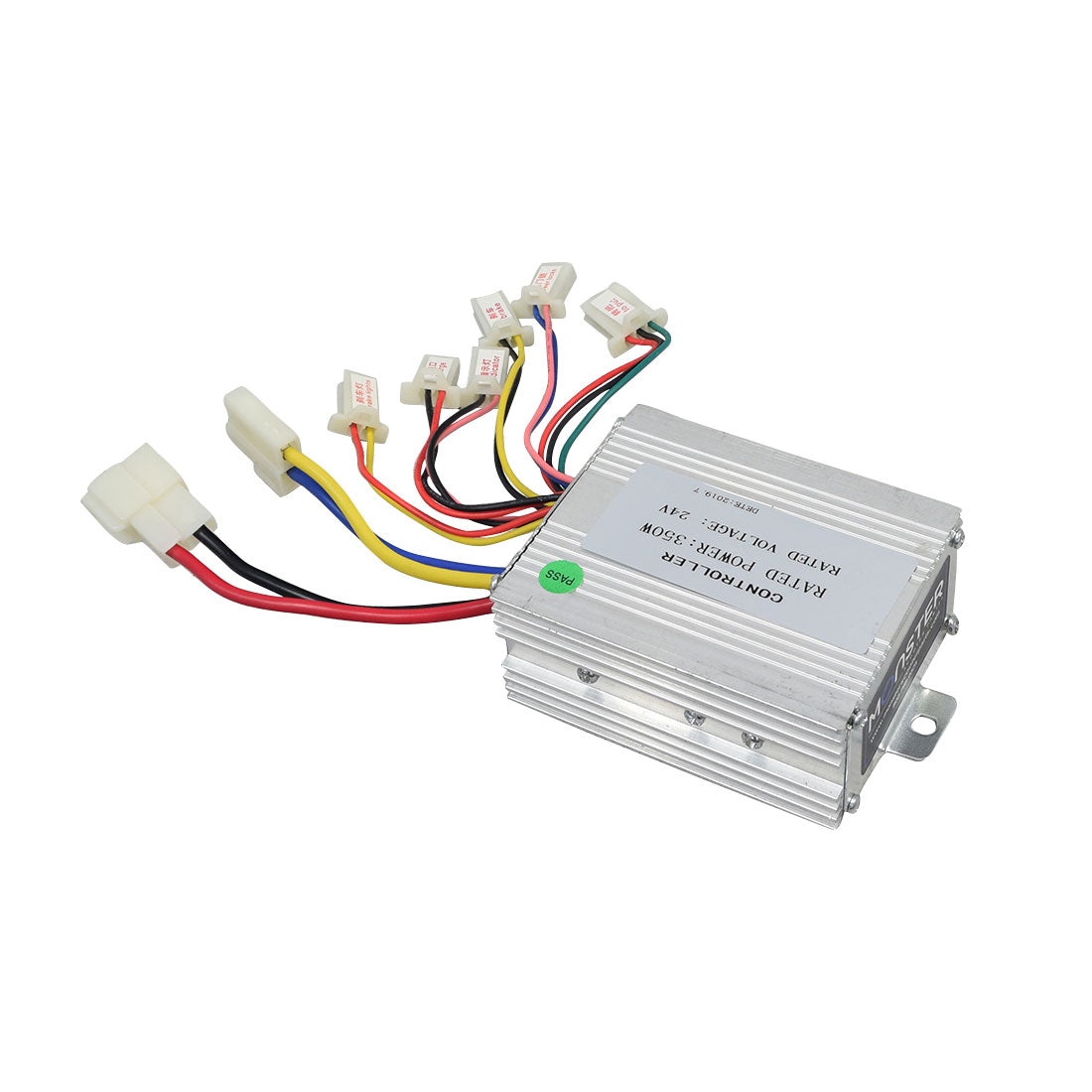 Close-up of the 24 Volt 350 Watt Universal Speed & Voltage Controller, showing detailed wiring connections and components, including colored wires and white connectors, suitable for various electric scooters.