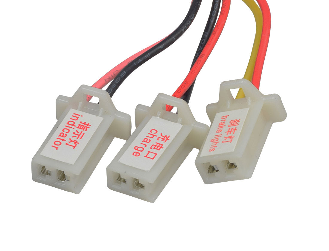 Close-up of the 24 Volt 350 Watt Universal Speed & Voltage Controller, showcasing various labeled electrical wires and connectors essential for electric scooters.