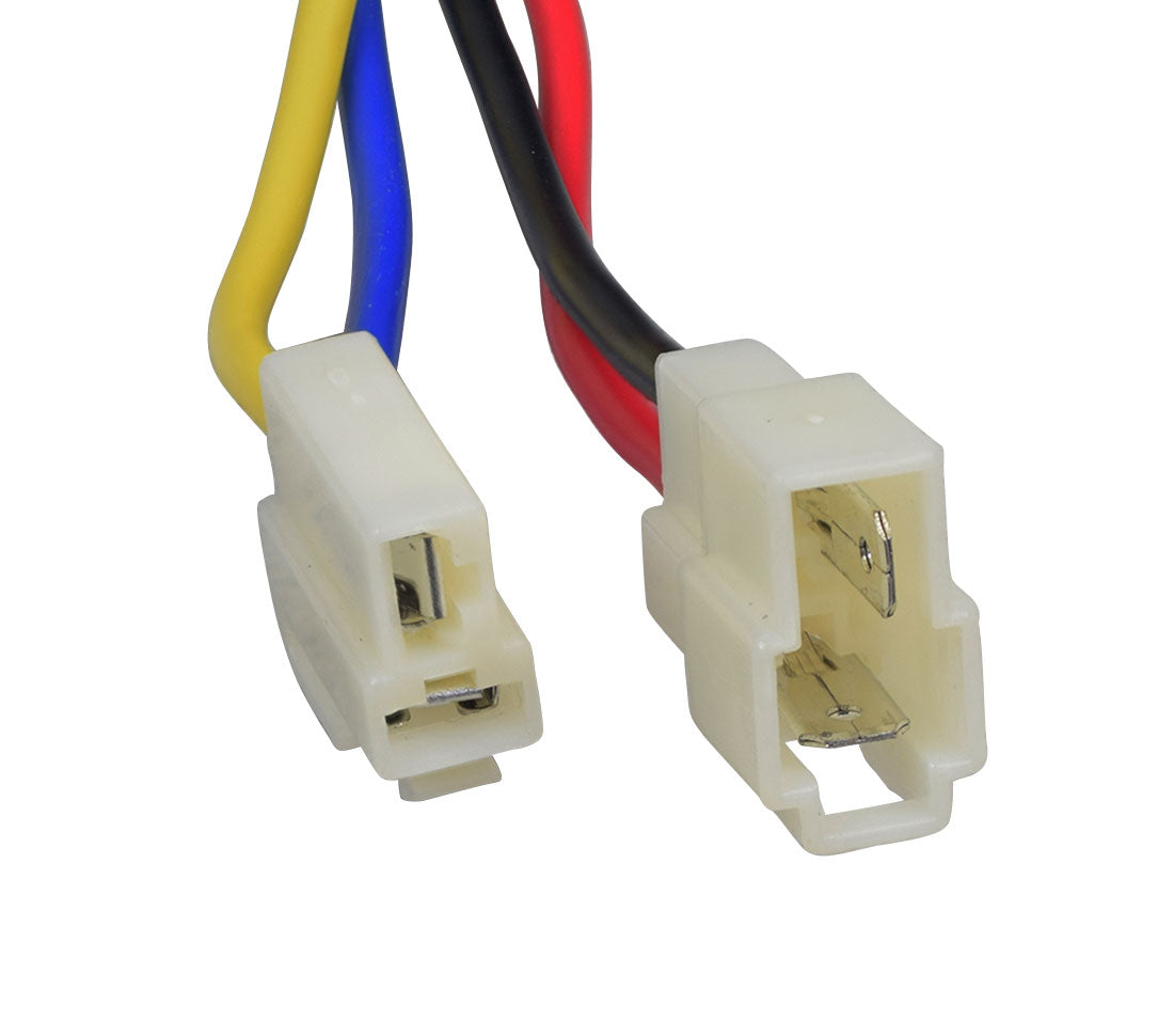 Close-up of the 24 Volt 350 Watt Universal Speed & Voltage Controller, displaying multiple colored wires and connectors, including motor, power, brake, and hand throttle connectors, suitable for electric scooters.