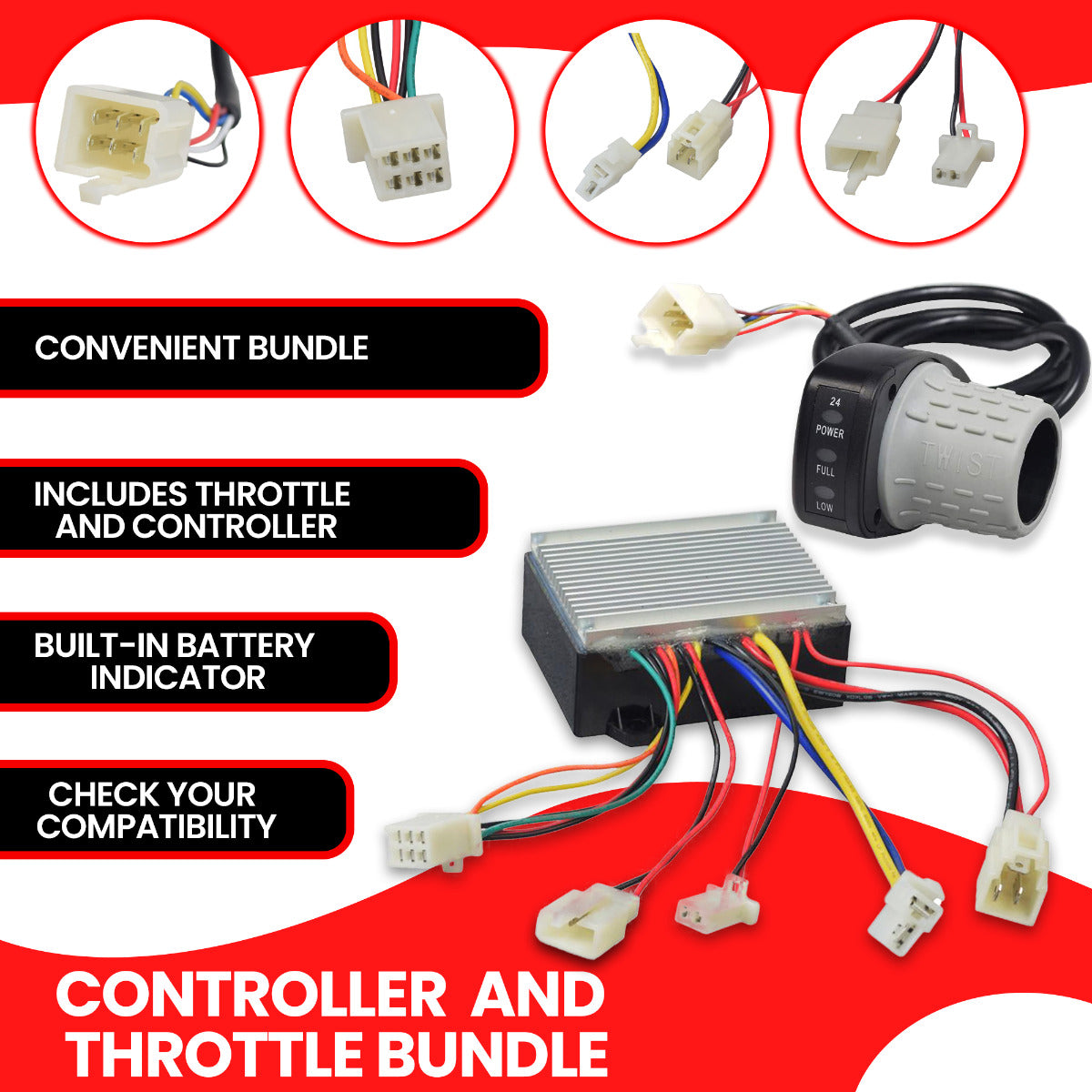 Close-up of the Razor Pocket Mod (Versions 13-44) HB2430-TYD6-FS 6-Wire Throttle & Control Module Bundle showing electrical wires and components.