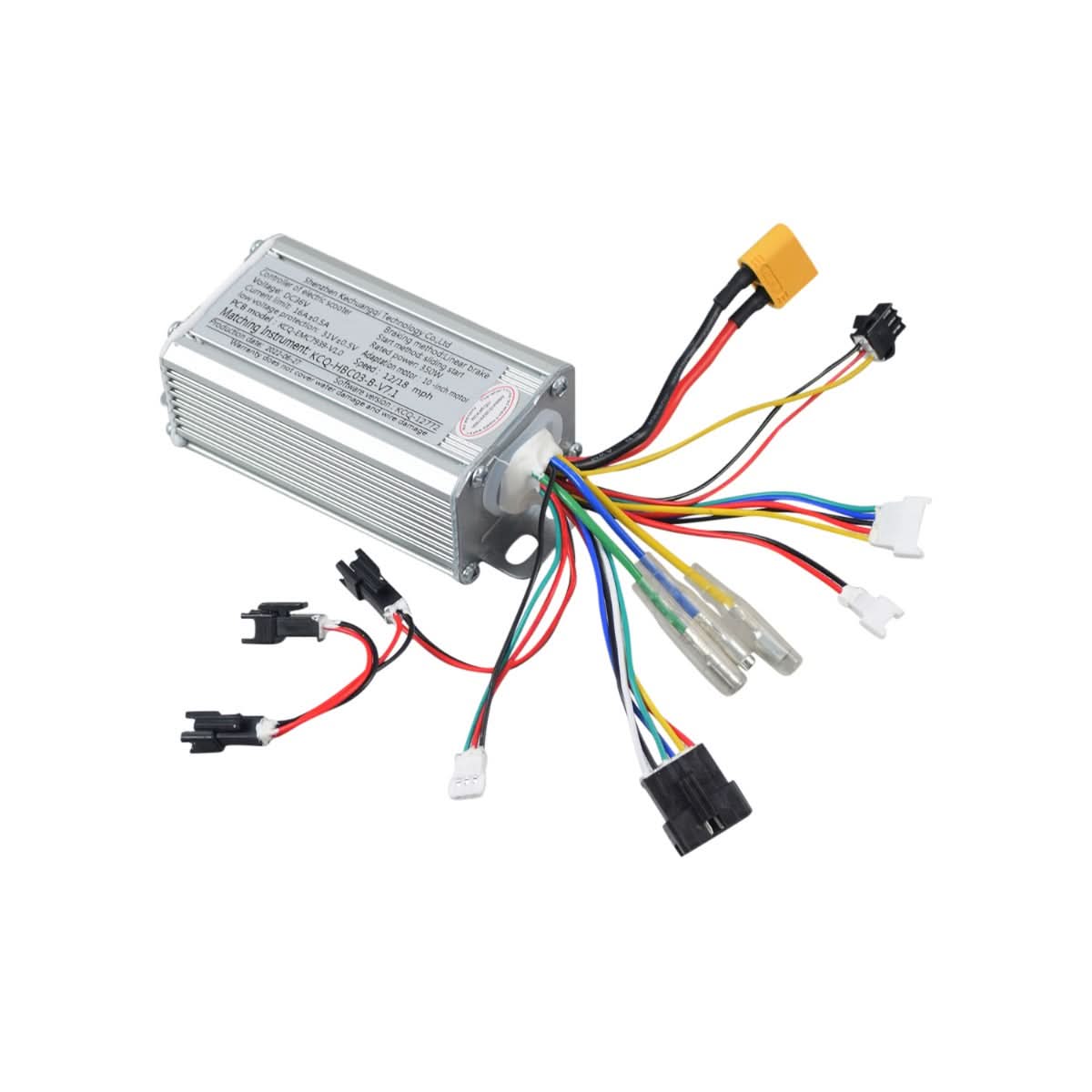 Control Module for the Hover-1 Alpha Folding Electric Scooter showing a silver box with multiple colored wires. Close-up view highlights the intricate wiring and electronic components of the control module.