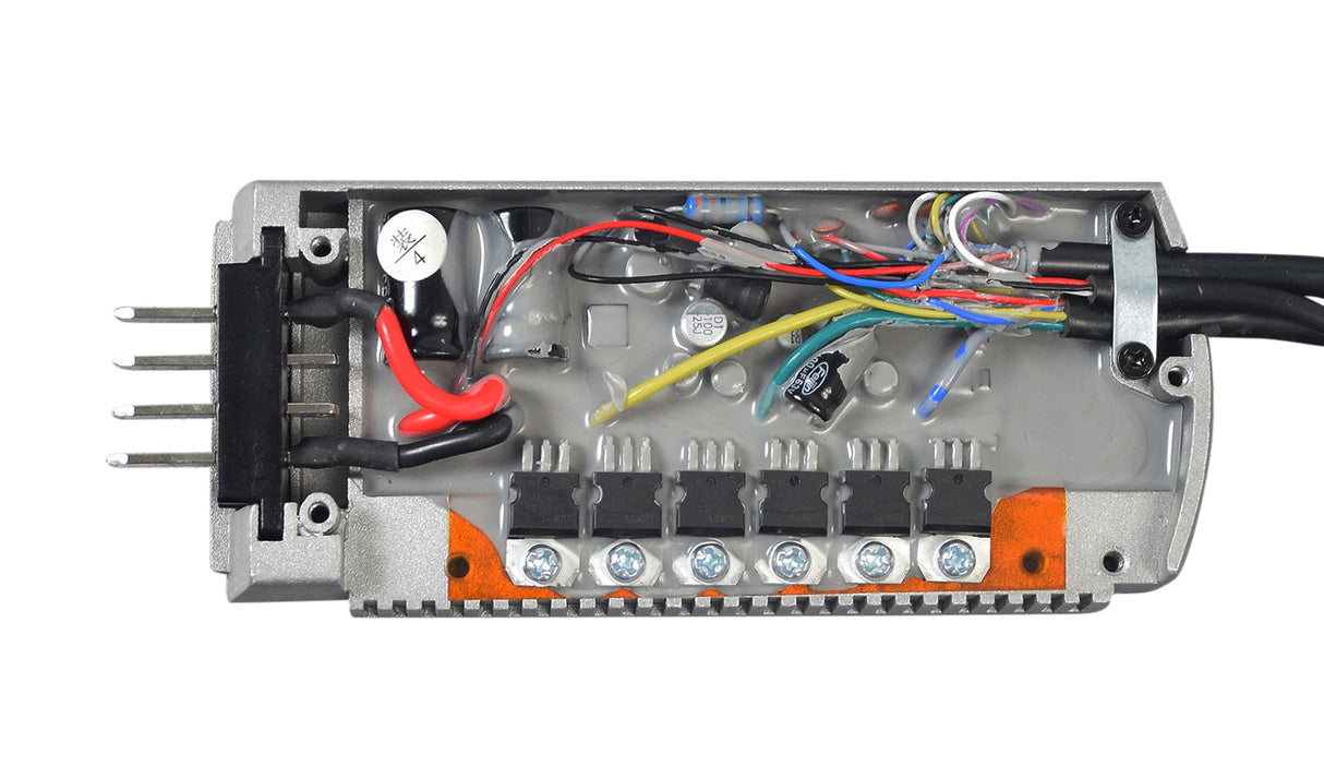Close-up of the control module for the ANCHEER 26 350W Electric Mountain Bike, showcasing its intricate circuit components, wiring, and connectors essential for controlling throttle, speed, motor, and other systems.
