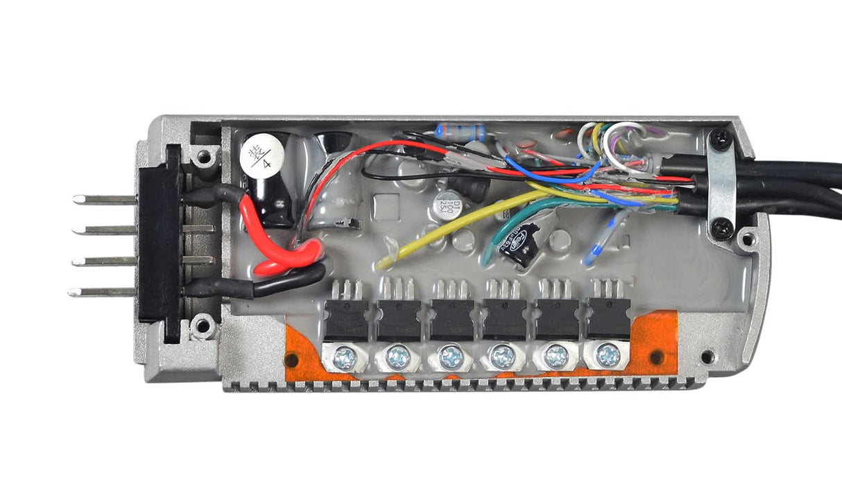 Close-up of the control module for the ANCHEER 26 350W Electric Mountain Bike, showcasing its intricate circuit components, wiring, and connectors essential for controlling throttle, speed, motor, and other systems.