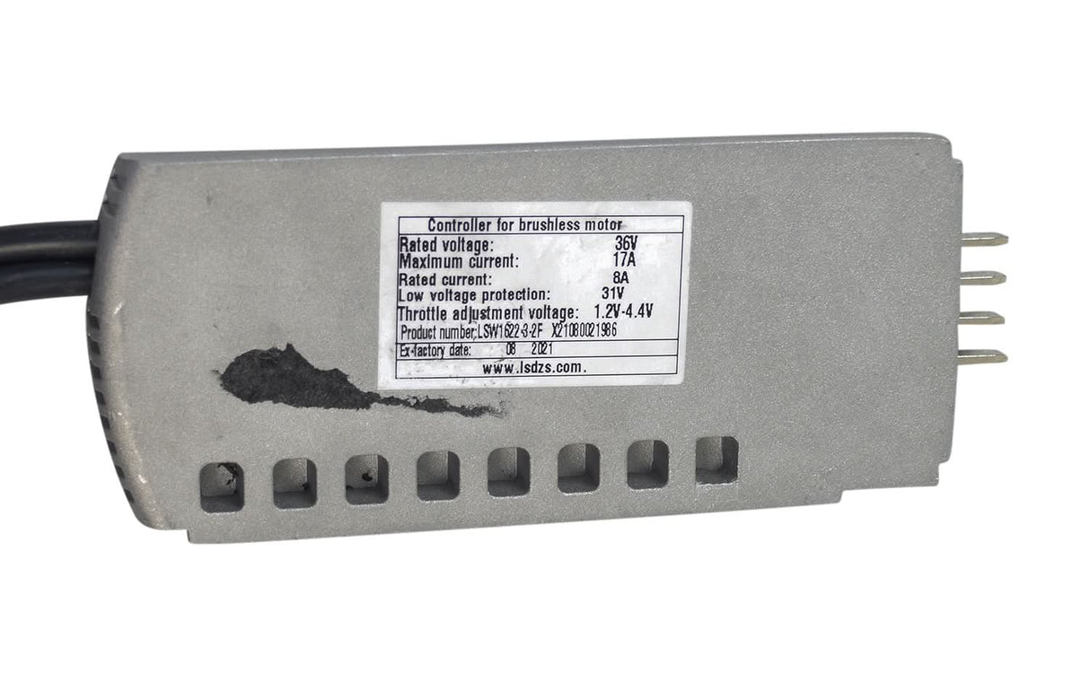 Close-up of the Control Module for the ANCHEER 26 350W Electric Mountain Bike, showing the device's connectors and label with text and numbers.