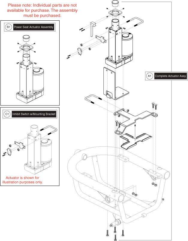 Jazzy 610 - Main Frame / Bat. Tray / Actr. - Power Elevating Seat - Actuator