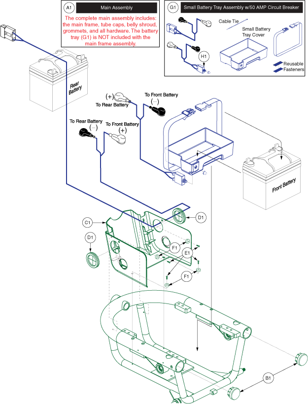 Jazzy 610 - Main Frame / Bat. Tray / Actr. - Power Elevating Seat - Main Frame