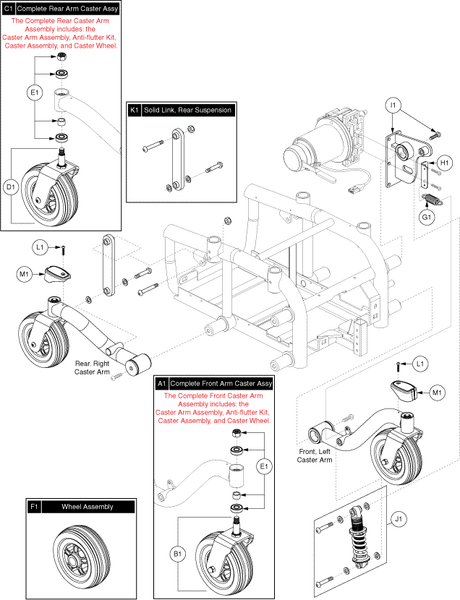 Jazzy 614 - Caster Arm / Suspension - Left Side, Front / Right Side, Rear