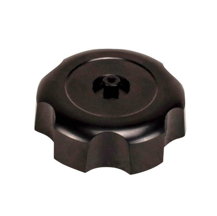 Fuel Cap for TaoTao ATVs, Dirt Bikes, & Go-Karts: A black plastic cap with a scalloped edge and center hole, featuring a screw for secure attachment.