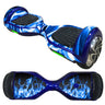 Decorative Decal Sticker Skins for 6.5 Self-Balancing Hoverboards, featuring a blue and black hoverboard with flame designs, black rubber pads, and close-up tire details.