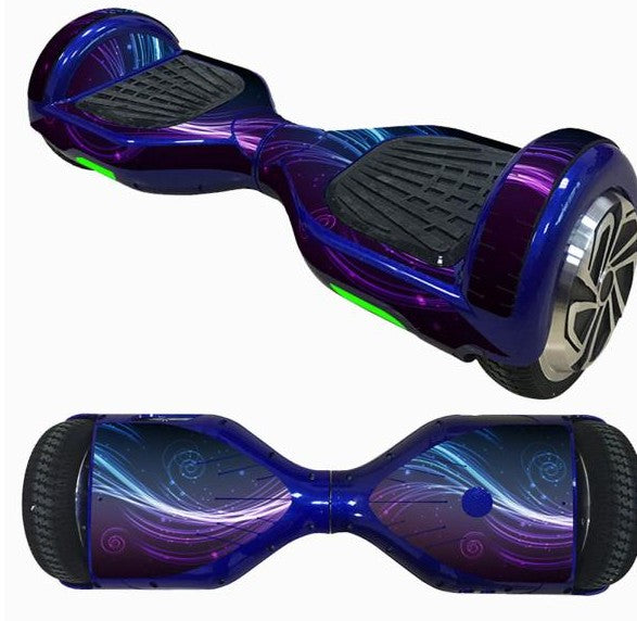 Decorative Decal Sticker Skins for 6.5 Self-Balancing Hoverboards displayed on a blue and purple hoverboard, showcasing a seamless application and smooth finish.