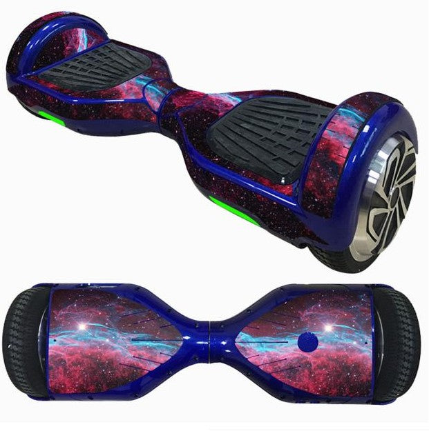 Decorative Decal Sticker Skins for 6.5 Self-Balancing Hoverboards featuring a blue hoverboard with a vibrant purple and pink space design.