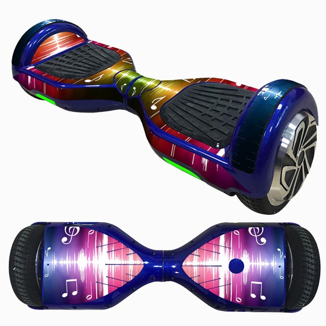 Decorative Decal Sticker Skins for 6.5 Self-Balancing Hoverboards, featuring musical notes design on a vibrant blue and pink hoverboard, provide an easy adhesive application for a refreshed look.