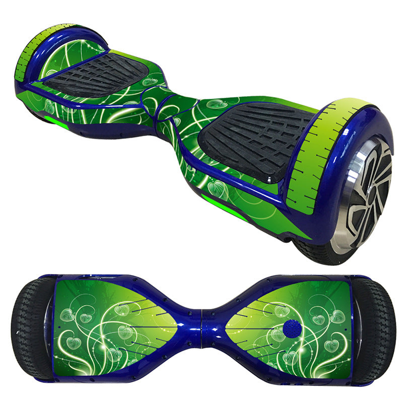 Decorative Decal Sticker Skins for 6.5 Self-Balancing Hoverboards, showcasing a vibrant green and blue design, ready to refresh and personalize your hoverboard with easy application and air-bubble prevention.