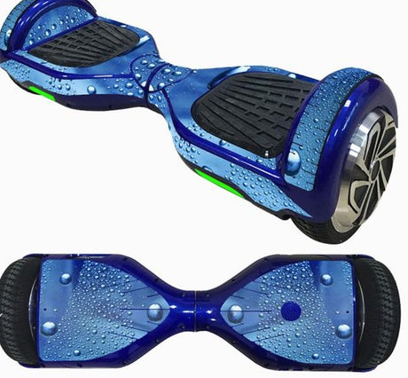 Decorative Decal Sticker Skins for 6.5 Self-Balancing Hoverboards. The image shows a blue hoverboard adorned with water drop decals, highlighting the product's stylish and protective design.