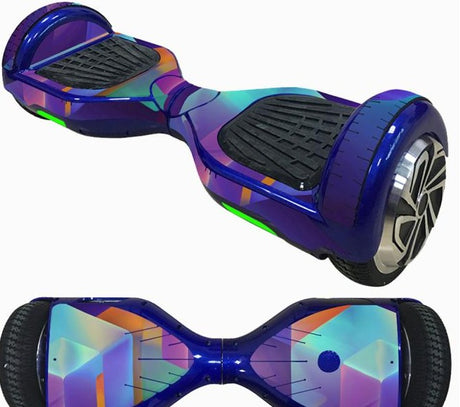 Decorative Decal Sticker Skins for 6.5 Self-Balancing Hoverboards, showcasing a blue hoverboard with a vibrant, colorful design, offering a fresh look and easy application for personalized style.