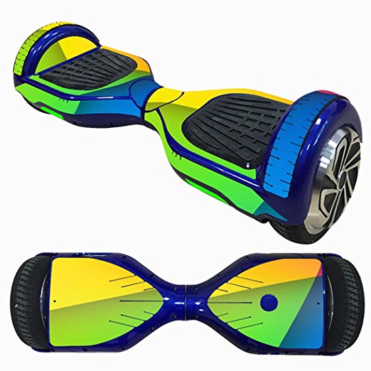 Decorative Decal Sticker Skins for 6.5 Self-Balancing Hoverboards, featuring a close-up of a blue and yellow hoverboard with well-defined wheels, showcasing the vibrant and stylish design options.