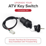 Key Switch for Coleman AT125-EX, At125-UT, AT200-B, & TaoTao Raptor 200 ATVs with two keys and a key ring, shown with mounting components and electrical wires.