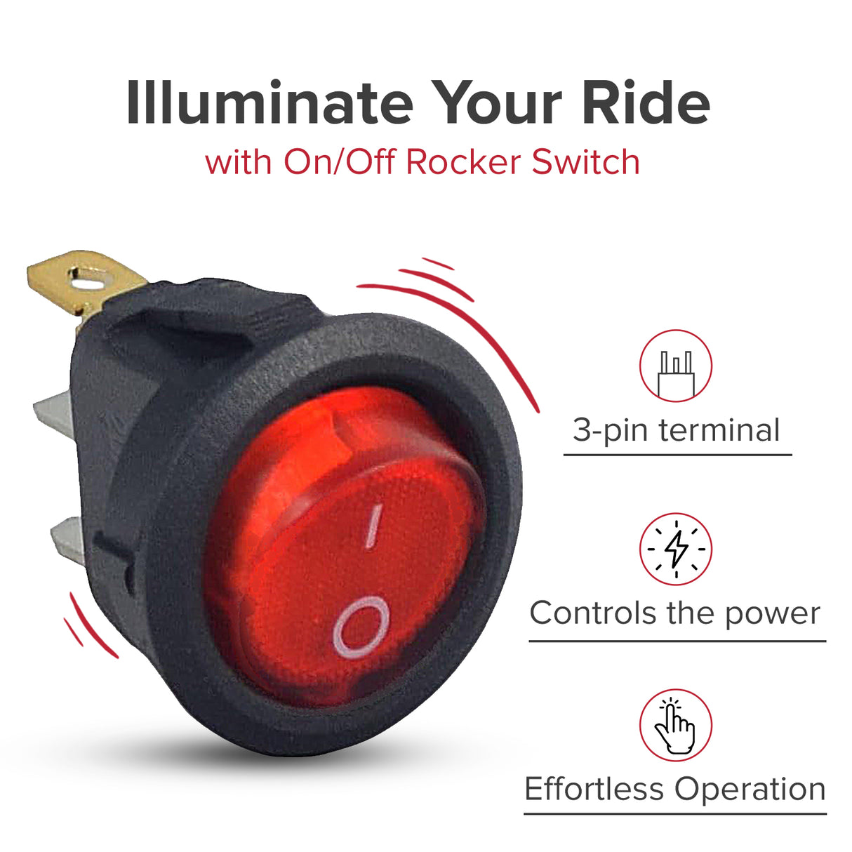 Round Red Illuminated On/Off Switch for the Kidzone 12V Bumper Car Ride On Toy, featuring a circular rocker design with white text and a 3-pin terminal, glowing red when activated.