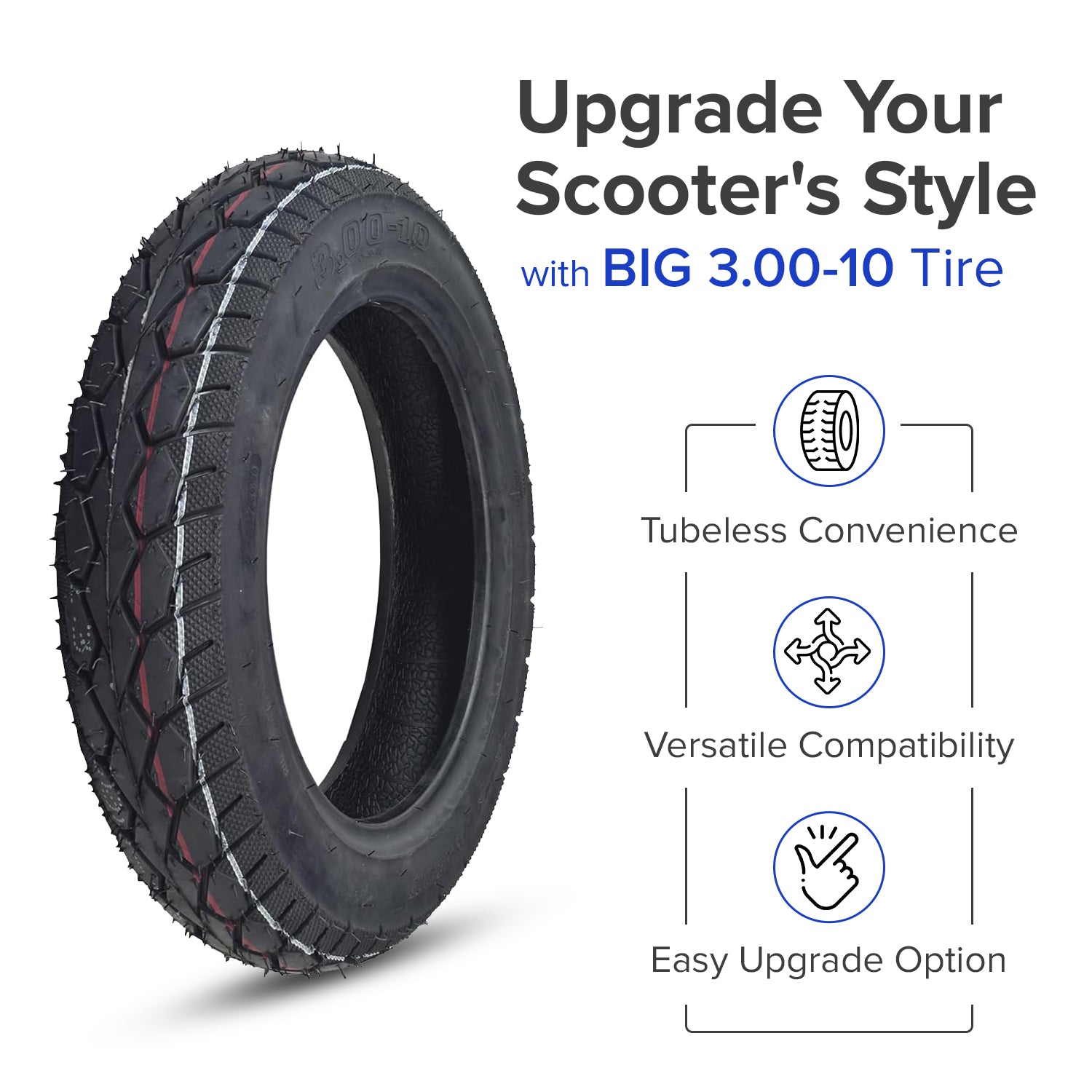 3.00-10 Tubeless Pneumatic Tire with Street Tread for Recreational Style Mobility Scooters, featuring a directional tread pattern, suitable for models like Drive Medical ZooMe and Pride Mobility Raptor.