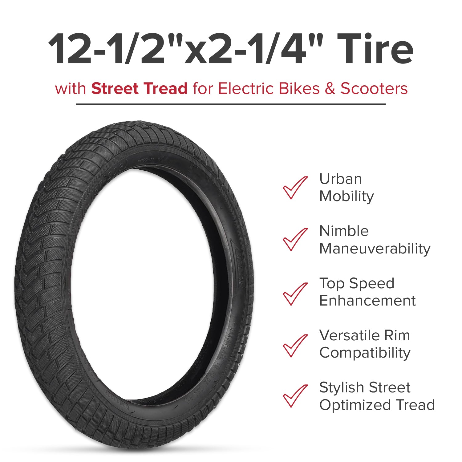 12-1/2x2-1/4 Pneumatic Tire for the Jetson® Bolt Folding Electric Bicycle, featuring a pebble-grained street tread pattern and directional v-shaped sipes for enhanced speed and maneuverability.