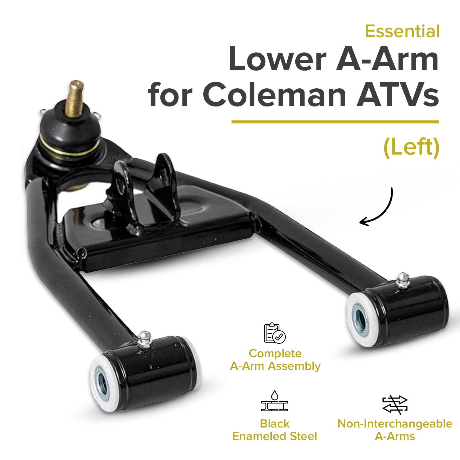 Lower A-Arm for Coleman AT125-EX & AT125-UT ATVs, a black metal component with pre-installed bushings, spacers, and grease fittings, essential for the steering and suspension system of these ATVs.