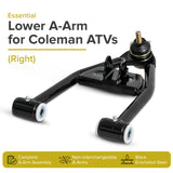 Lower A-Arm for Coleman AT125-EX & AT125-UT ATVs, shown as a black metal arm with white text, essential for the steering and suspension system. Includes pre-installed bushings, spacers, and grease fittings.