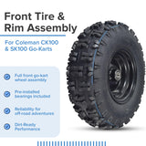 13x5.00-6 Front Tire and Rim Wheel Assembly for Coleman CK100 & SK100 Go-Karts, featuring black treads, steel rim, and bearings, suitable for dirt tracks and compatible with TaoTao GK80 go-karts.