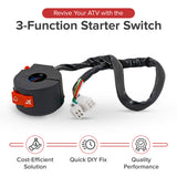 3-Function Starter Switch for 110cc ATVs, featuring a black switch with attached wires and a prominent red button, designed for easy installation on off-road machines.